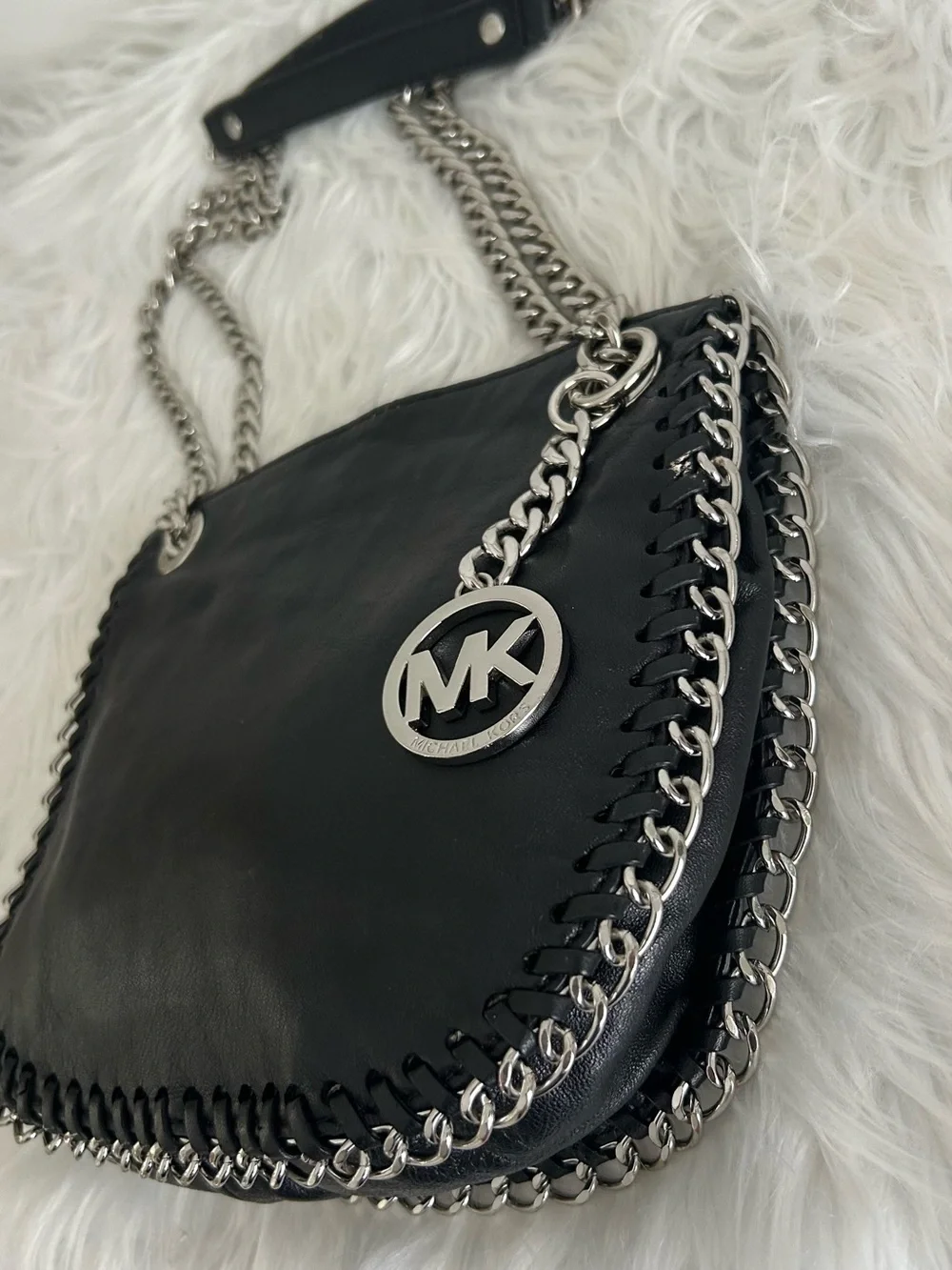 Michael Kors Black Leather Chain Shoulder Bag Silver Hardware